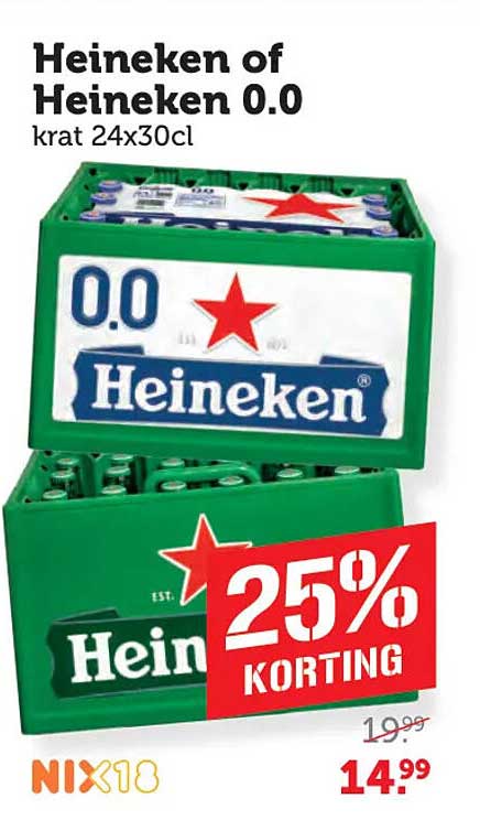 Heineken of Heineken 0.0 krat 24x30cl 25% KORTING