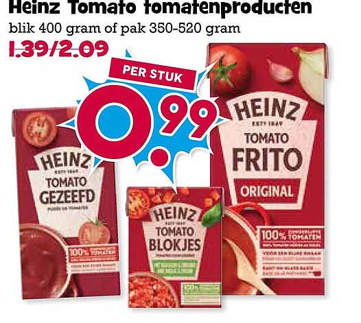 Heinz Tomato tomatenproducten blik 400 gram of pak 350-520 gram PER STUK