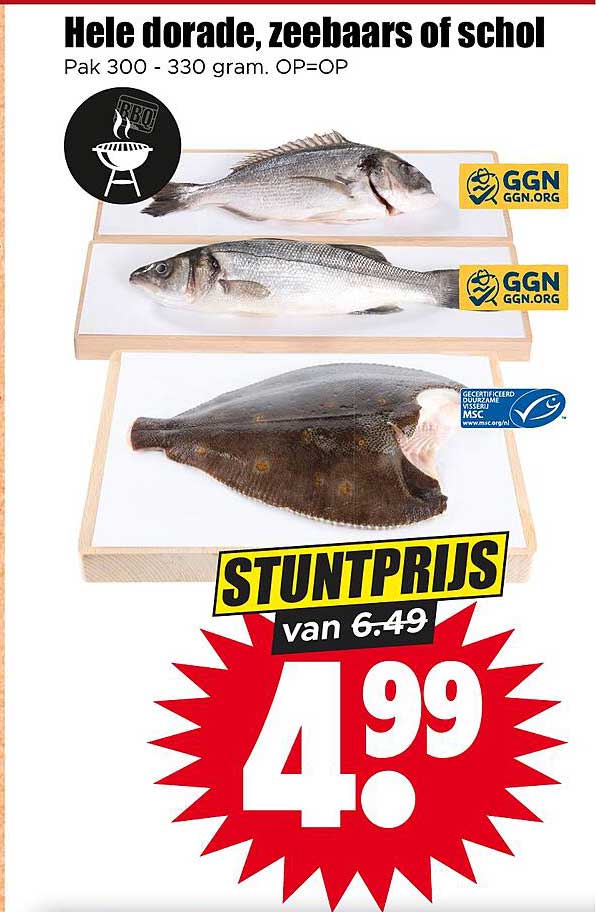 Hele dorade, zeebaars of schol Pak 300 - 330 gram. OP=OP STUNTPRIJS