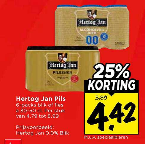 Hertog Jan Pils 6-packs blik of fles à 30-50 cl. Per stuk van 4.79 tot 8.99 25% KORTING