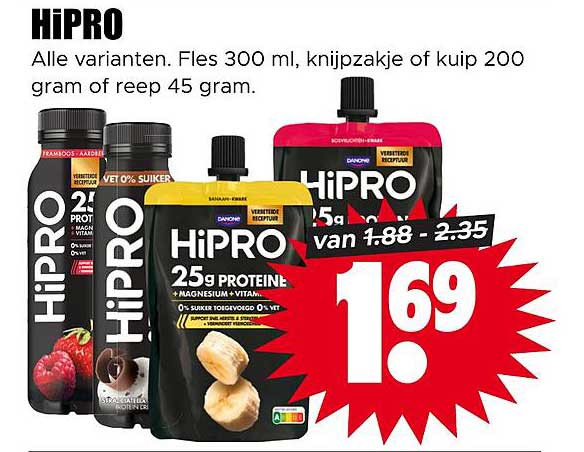 HiPRO Alle varianten, fles 300 ml, knijpzakje of kuip 200 gram of reep 45 gram.