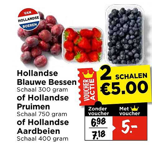 Hollandse Blauwe Bessen Schaal 300 gram of Hollandse Pruimen Schaal 750 gram of Hollandse Aardbeien Schaal 400 gram 2 schalen €5.00