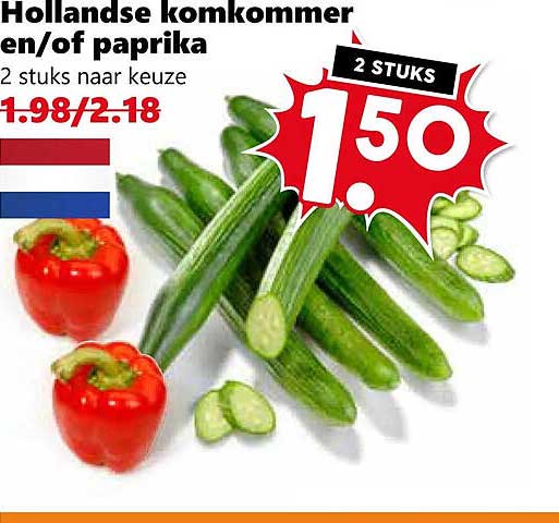 Hollandse komkommer en/of paprika 2 stuks naar keuze 2 STUKS