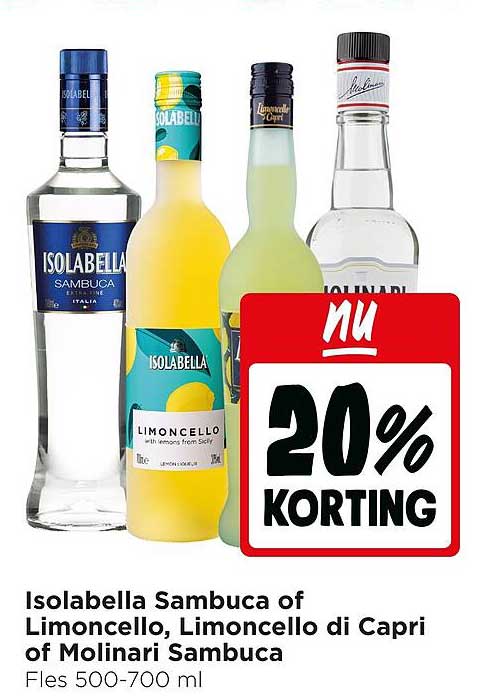 Isolabella Sambuca of Limoncello, Limoncello di Capri of Molinari Sambuca 20% korting