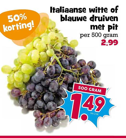Italiaanse witte of blauwe druiven met pit 50% korting!