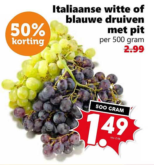Italiaanse witte of blauwe druiven met pit 50% korting