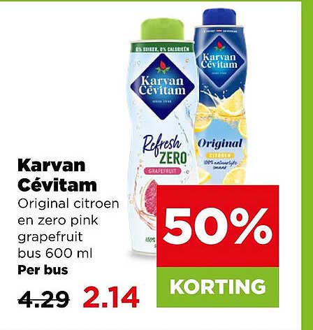 Karvan Cévitam Original citroen en zero pink grapefruit bus 600 ml Per bus 50% korting