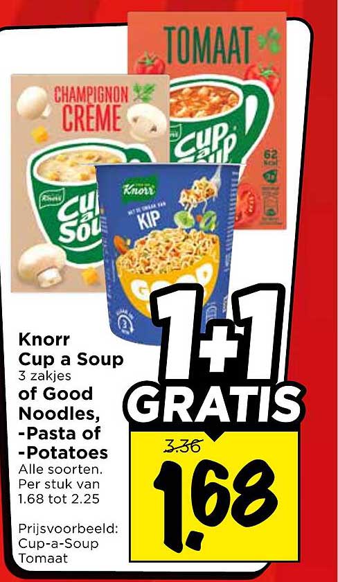 Knorr Cup a Soup 3 zakjes of Good Noodles, -Pasta of -Potatoes 1+1 GRATIS