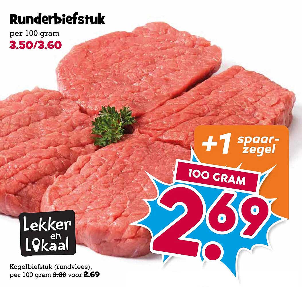 Kogelbiefstuk (rundvlees), per 100 gram +1 spaarzegel