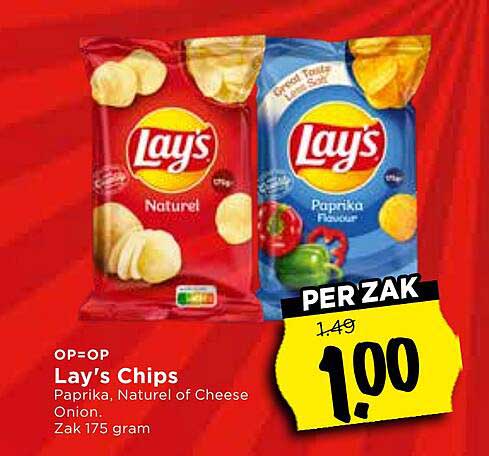 Lay's Chips Paprika, Naturel of Cheese Onion Zak 175 gram PER ZAK