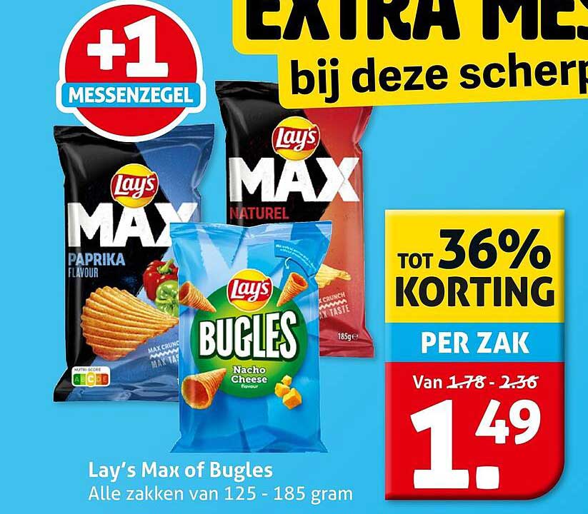 Lay's Max of Bugles Alle zakken van 125 - 185 gram +1 messenzege