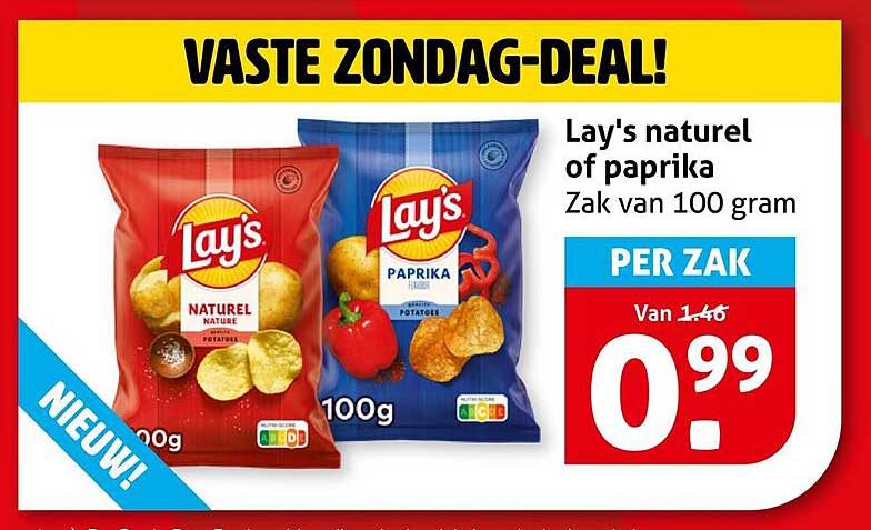 Lay's naturel of paprika Zak van 100 gram PER ZAK