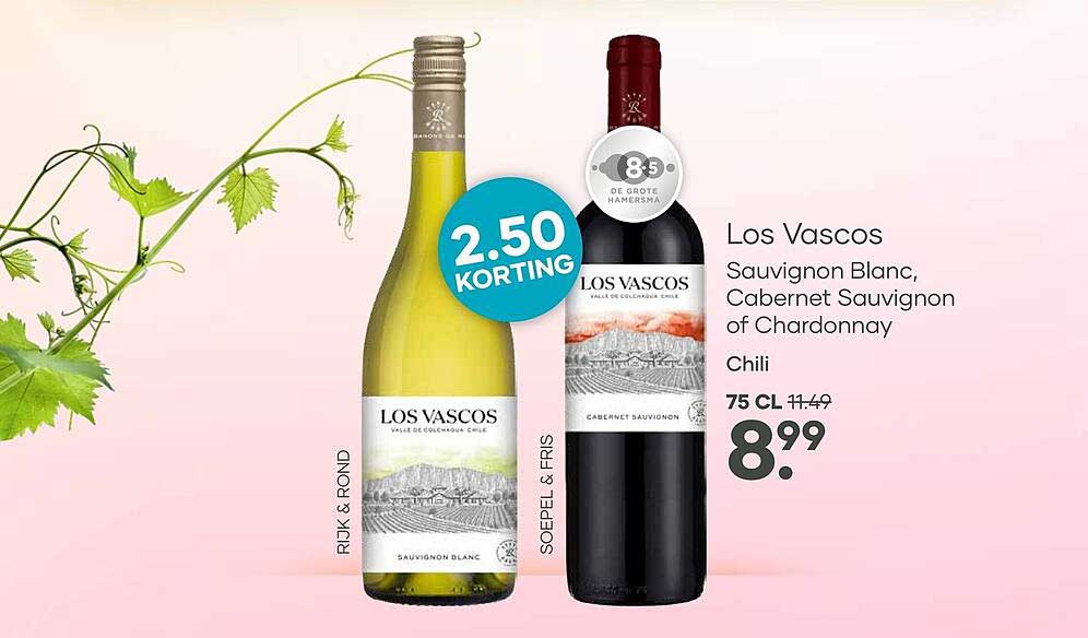 Los Vascos Sauvignon Blanc, Cabernet Sauvignon of Chardonnay Chili 75 CL 2.50 KORTING
