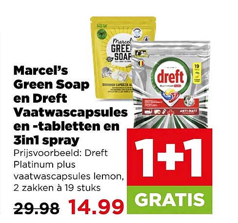 Marcel's Green Soap en Dreft Vaatwascapsules en -tabletten en 3in1 spray 1+1 GRATIS
