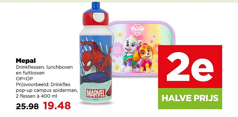 Mepal Drinkflessen, lunchboxen en fuitboxen OP=OP Prijsvoorbeeld: Drinkfles pop-up campus spiderman, 2 flessen à 400 ml 2e halve prijs
