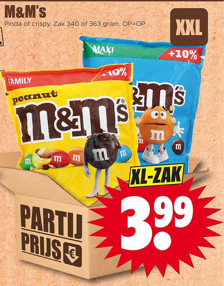 M&M's Pinda of crispy. Zak 340 of 363 gram. OP=OP XXL-ZAK