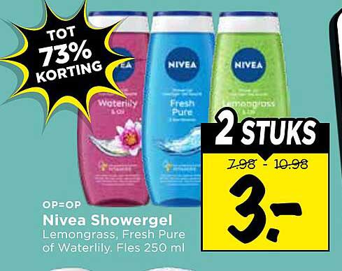 Nivea Showergel Lemongrass, Fresh Pure of Waterlily, Fles 250 ml 2 stuks