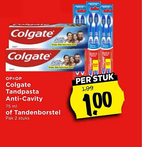 OP=OP Colgate Tandpasta Anti-Cavity 75 ml of Tandenborstel Pak 2 stuks PER STUK