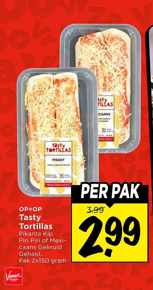 OP=OP Tasty Tortillas Pikante Kip Piri Piri of Mexicaans gekruid gehakt Pak 2x150 gram