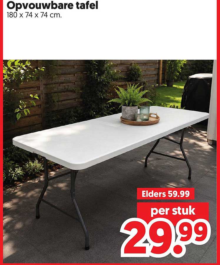 Opvouwbare tafel 180 x 74 x 74 cm.