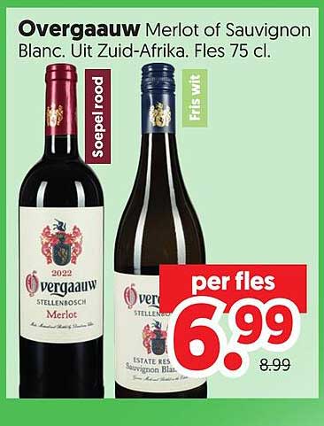 Overgauw Merlot of Sauvignon Blanc. Uit Zuid-Afrika. Fles 75 cl.