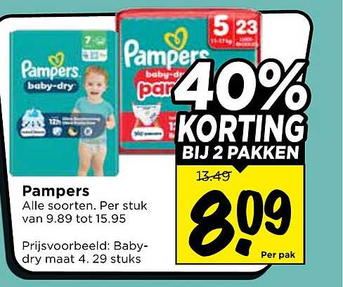 Pampers Alle soorten. Per stuk van 9.89 tot 15.95 40% korting bij 2 pakken