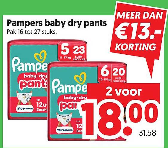 Pampers baby dry pants Pak 16 tot 27 stuks. 2 voor 18.00