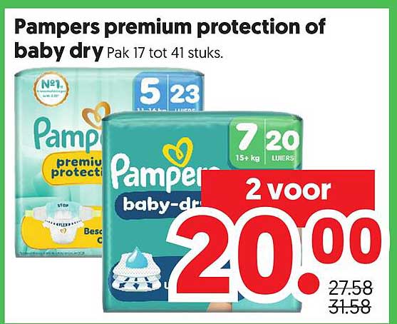 Pampers premium protection of baby dry Pak 17 tot 41 stuks. 2 voor