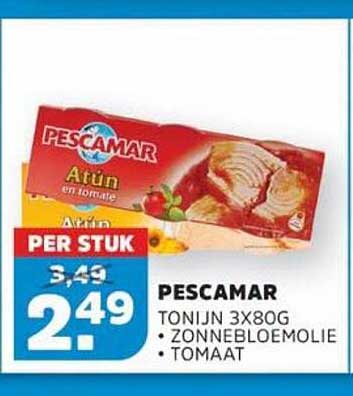 PESCAMAR TONIJN 3X80G • ZONNEBLOEMOLIE • TOMAAT PER STUK