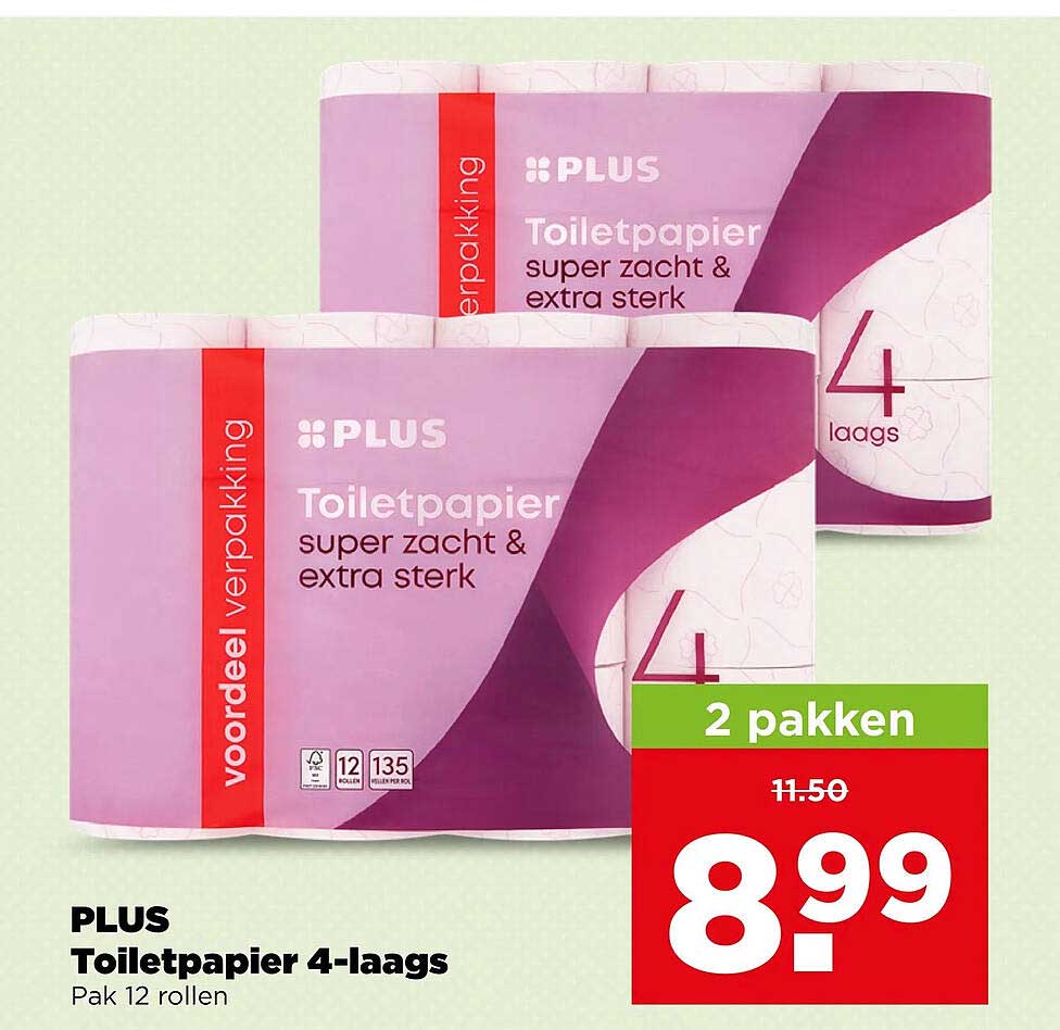 PLUS Toiletpapier 4-laags Pak 12 rollen 2 pakken