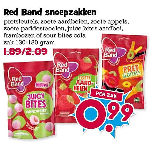 Red Band snoepzakken pret sleutels, zoete aardbeien, zoete paddestoelen, juice bites aardbei, frambozen of sour bites cola zak 130-180 gram