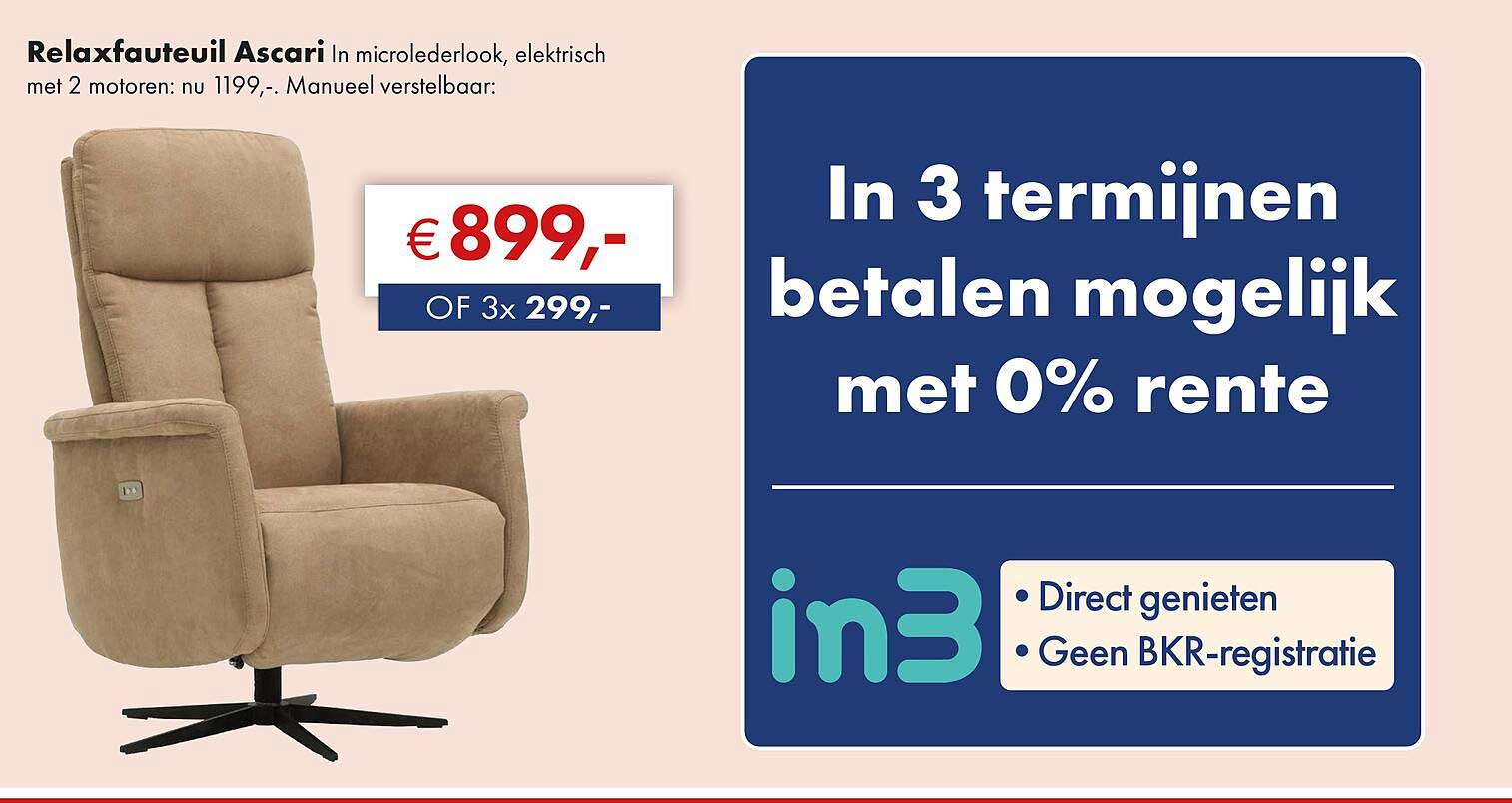 Relaxfauteuil Ascari In microlederlook, elektrisch met 2 motoren: nu 1199,-. Manueel verstelbaar
