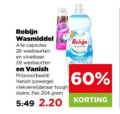 Robijn Wasmiddel Alle capsules 26 wasbeurten en vloeibaar 39 wasbeurten en Vanish 60% KORTING