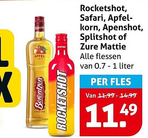 Rocketshot, Safari, Apfel-korn, Apenshot, Splitshot of Zure Mattie Alle flessen van 0.7 - 1 liter PER FLES