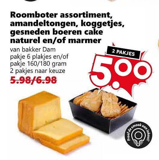 Roomboter assortiment, amandeltongen, koggetjes, gesneden boerencake naturel en/of marmer 2 pakjes