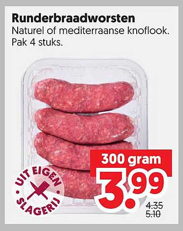 Runderbraadworsten Naturel of mediterraanse knoflook. Pak 4 stuks.