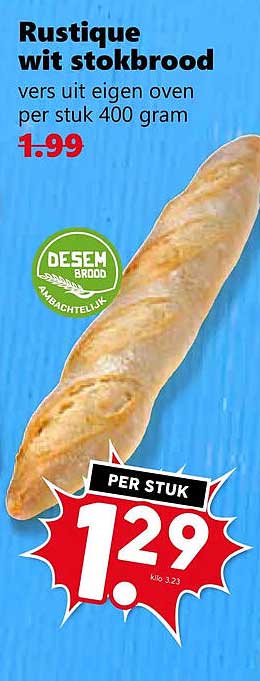 Rustique wit stokbrood vers uit eigen oven per stuk 400 gram