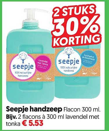 Seepje handzeep Flacon 300 ml. Bijv. 2 flacons à 300 ml lavendel met tonka 2 STUKS 30% KORTING