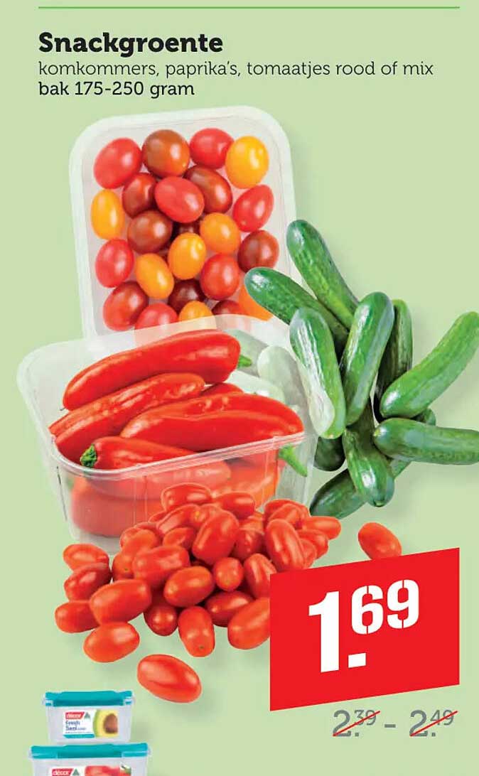 Snackgroente komkommers, paprika's, tomaatjes rood of mix bak 175-250 gram
