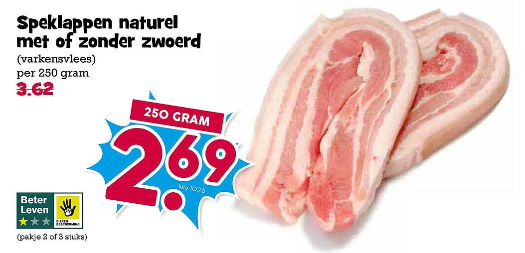 Speklappen naturel met of zonder zwoerd (varkensvlees) per 250 gram