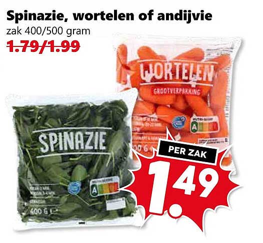 Spinazie, wortelen of andijvie zak 400/500 gram