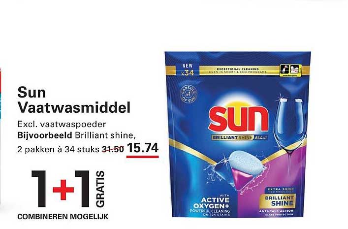 Sun Vaatwasmiddel Exclusief vaatwaspoeder Bijvoorbeeld Brilliant shine, 2 pakken à 34 stuks 1+1 GRATIS
