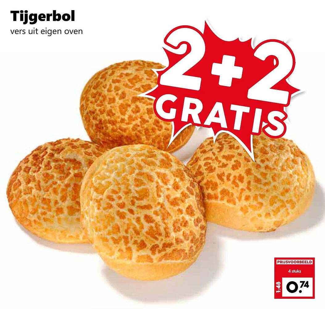 Tijgerbol vers uit eigen oven 2+2 gratis
