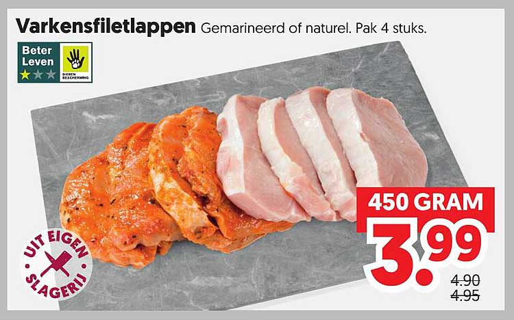 Varkensfiletlappen Gemarineerd of naturel. Pak 4 stuks. 450 GRAM