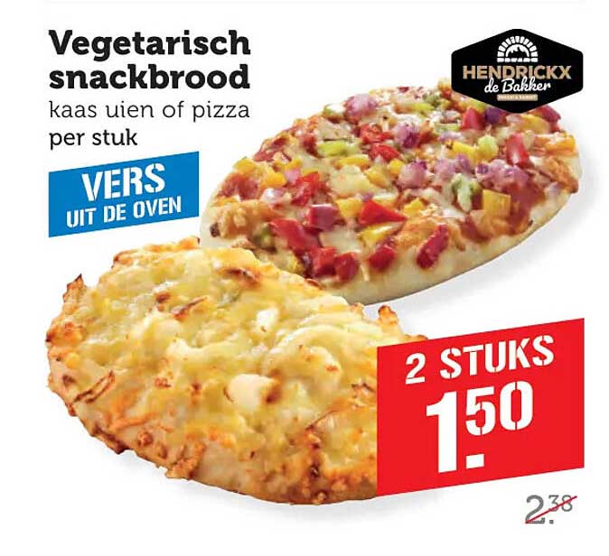 Vegetarisch snackbarod kaas ui en pizza per stuk VERS UIT DE OVEN 2 STUKS 1.50
