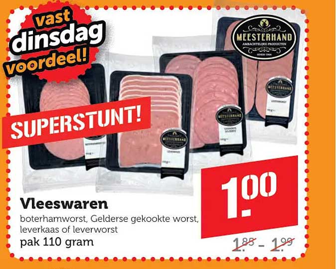 Vleeswaren boterhamworst, Gelderse gekookte worst, leverkaas of leverworst pak 110 gram SUPERSTUNT!