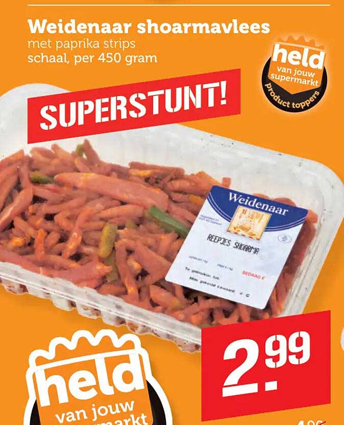 Weidenaar shoarmavlees met paprika strips schaal, per 450 gram SUPERSTUNT!