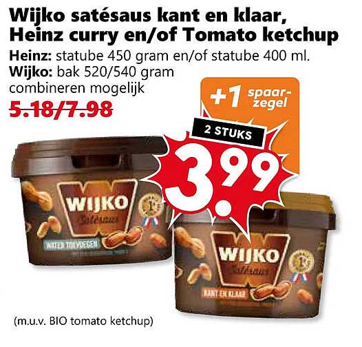 Wijko satésaus kant en klaar, Heinz curry en/of Tomato ketchup +1 spaarzegel 2 stuks