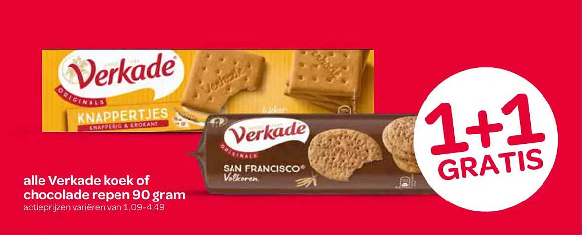 alle Verkade koek of chocolade repen 90 gram 1+1 GRATIS