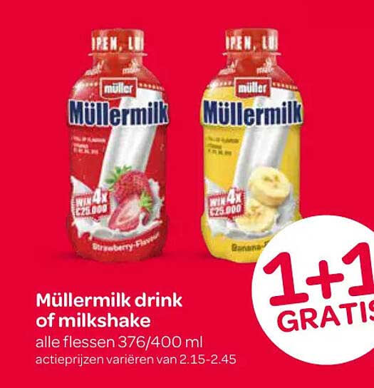 Müllermilk drink of milkshake alle flessen 376/400 ml 1+1 GRATIS